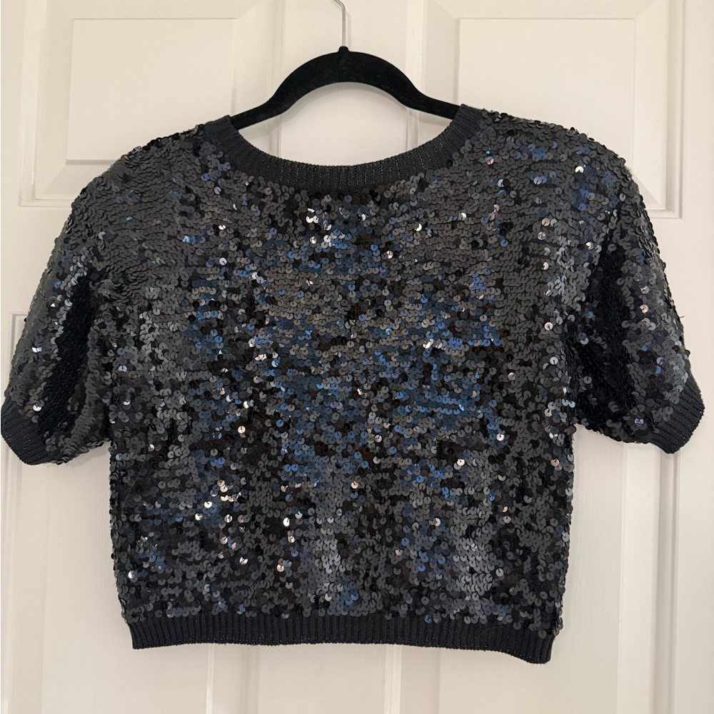 Contempo Casuals vintage 80’s Short Sleeve Sequin Open Knit Crop Sweater medium